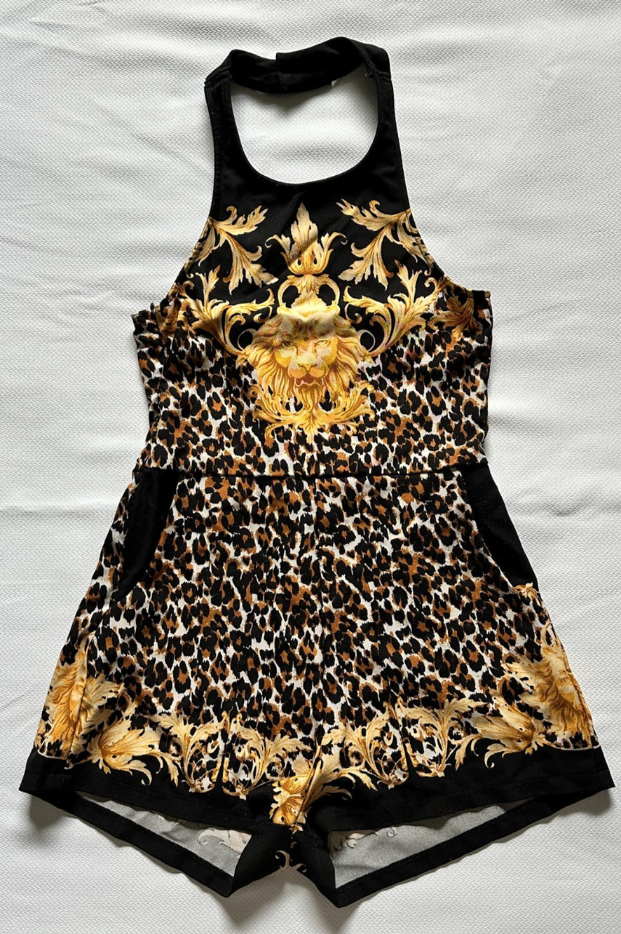 MINKPINK Leona Playsuit Halter Romper With Pockets XS Leopard Baroque